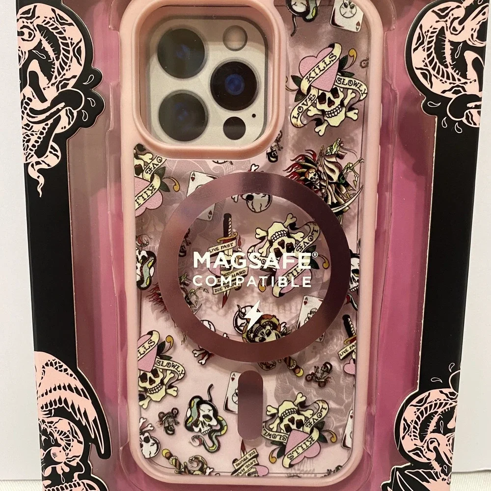 Ed‎ Hardy Love Kills Slowly Tattoo Phone Case iPhone 16 Pro MagSafe Y2K Pink NWT